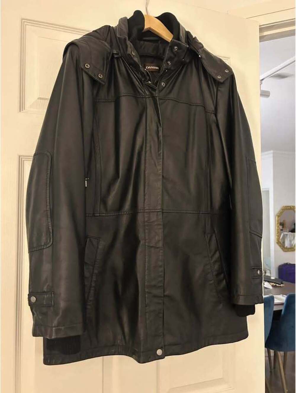 Danier Black Leather Hooded Winter Coat with Removable Liner large